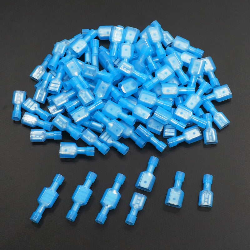 Twidec/100PCS Nylon Spade Connectors Kit 16-14 Gauge Quick Disconnect Fully Insulated Male and Female Wire Spade Terminal Assortment Kit Blue N-025-BU