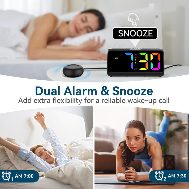 Netzu Loud Alarm Clock for Heavy Sleepers, Plug-in RGB Vibrating Alarm Clocks with Bed Shaker, 5 Dimmers, 2 Alarms and Snooze for Bedrooms Hearing Impaired Deaf Adults (Black) Black