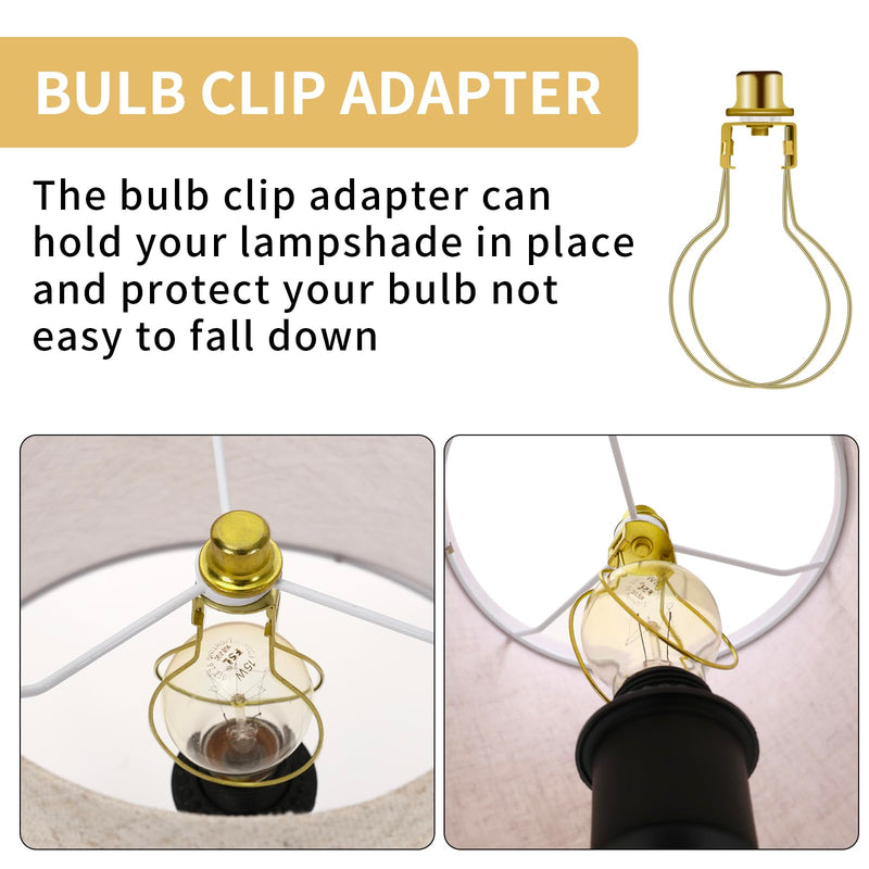 2 Pack Round Lamp Shade Light Bulb Clip Adapter, ALUCSET Lampshade Holder Clip on with Lamp Shade Attaching Finial Top Bracket Holder Support Fitter Parts Converter (Set of 2, Gold)