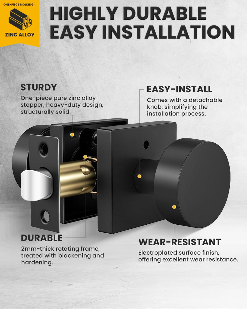 Goldenwarm Matte Black Privacy Door Knob for Interior Doors, Zinc Alloy Black Door Knob Interior for Bedroom & Bathroom, Keyless Lock with Emergency Release, Adjustable & Reversible - 1 Pack