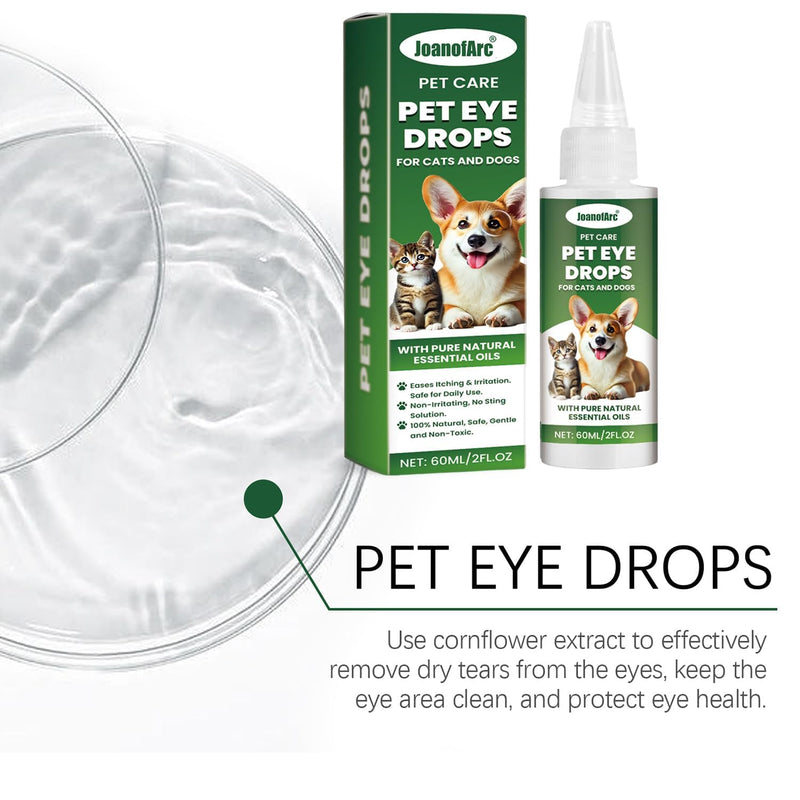 JoanofArc Pet Eye Drops for Cats & Dogs - Natural Safe Formula Soothes Itching, Dry Eyes & Tear Stains, Improves Vision Clarity, Gentle Cleaner for All Animals, 60ml