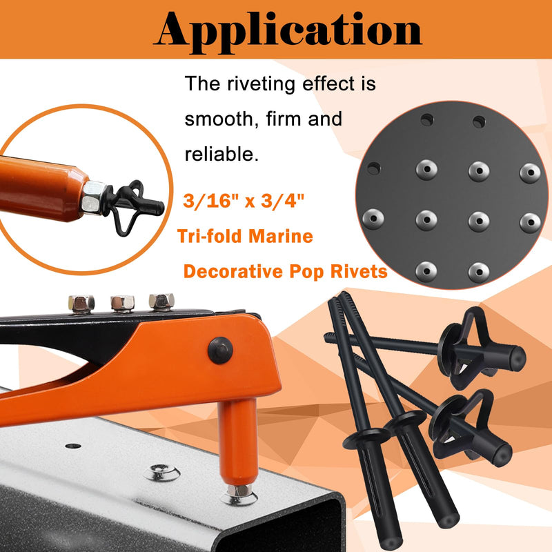 60pcs Tri-Fold Rivets 3/16 inch x 3/4 inch Tri-fold Marine Decorative Pop Rivets, Tri-Grip Rivets for Kayak Marine Boat, Black Tri-fold Exploding Pop Rivets Solid Aluminum Tri Grip Rivets