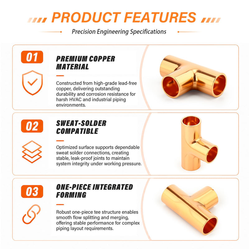 GASHER 12Pcs 3/4" x 1mm Wall Thickness Copper Tee Fitting 0.75 Inch 12