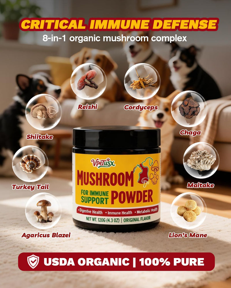 Organic 8-in-1 Turkey Tail Mushroom Powder for Dogs - Senior Dog Immune & Gut Defense, Soft Bumps & Energy Support,No Fillers, Potency(120g)
