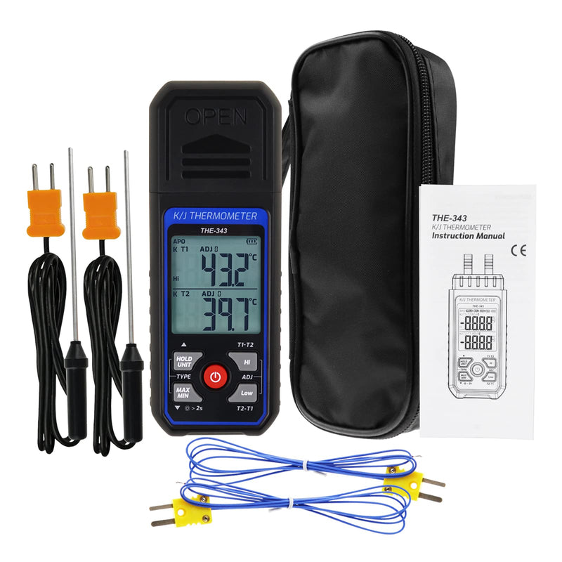 Thermocouple Thermometer Digital K Type Thermometer with 4 Thermocouples, -328~2500℉ Measuring Range HVAC Thermometer Dual Channels Temperature Meter Gauge with LED Backlight & ADJ Compensation 2 Channels Thermometer