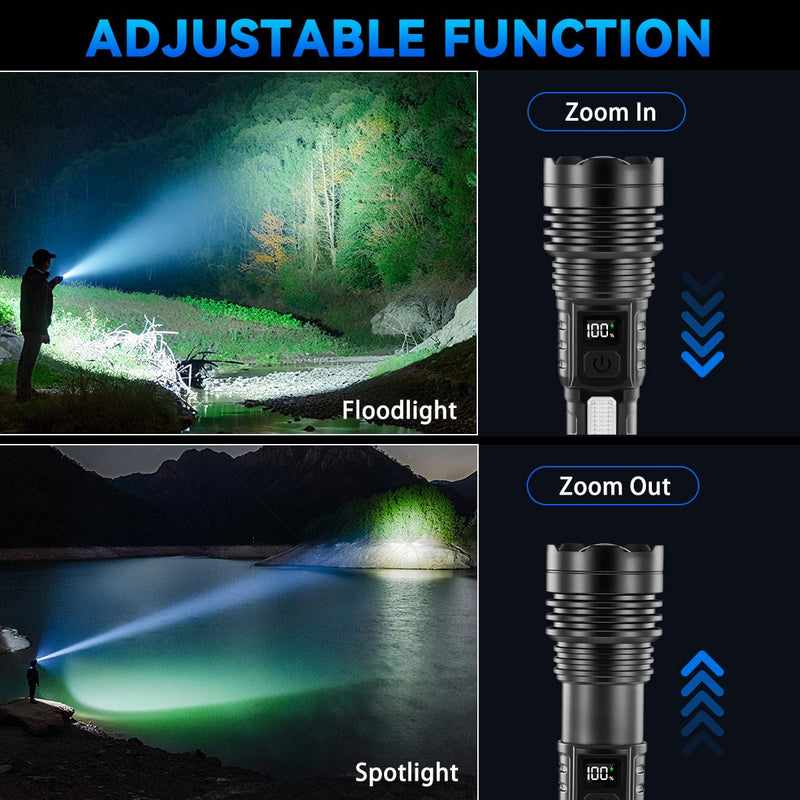 4Pack Flashlights High Lumens 9900FL, 7Mode Flashlight Rechargeable with LCD Digital Display, Rechargeable Flashlights with COB Light, Adjustable Super Bright Flashlight, Powerful Tactical Flash Light 4Pack