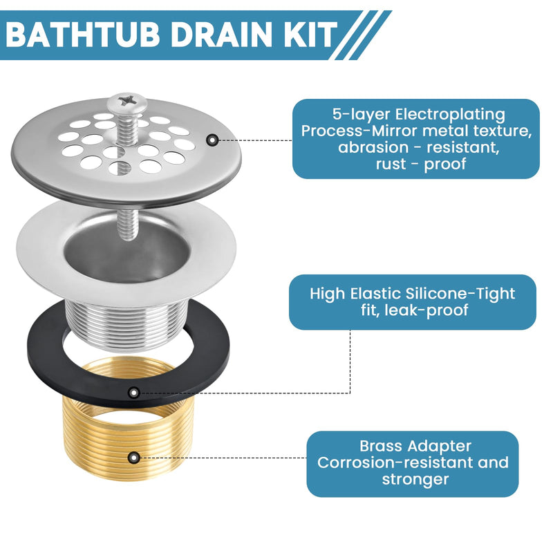 Trip Lever Bath Tub Drain Kit, Universal for 1-1/2" and 1-3/8" Bathtub Drain Replacement, No Putty Installation Bathtub Drain Set with Trip Lever Overflow Faceplate and Strainer, Tub Trim Kit Chrome Plated