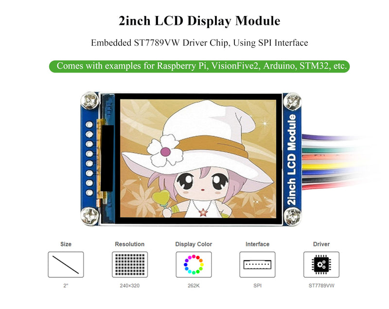 waveshare 2inch LCD Module Mini LCD Screen Compatible with Raspberry Pi/Ardu-ino/STM32, 240x320 Resolution IPS LCD Display, 262K RGB Color, Embedded ST7789VW Driver, SPI Interface 2inch IPS LCD Display Module