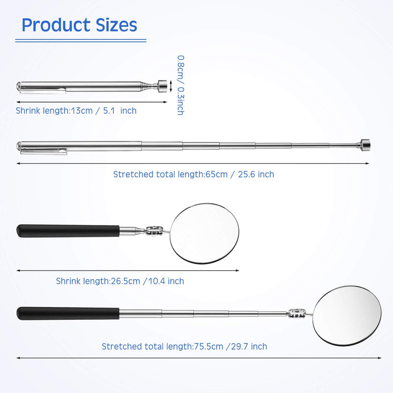2 Pieces Telescoping Inspection Mirror Set 3 Lb Magnetic Stick Gadget 3.14 Inches Flexible Round Mirror 29.5 Inches Extra Long Handle Telescoping Magnet Pickup Tools for Men Birthday Father's Day