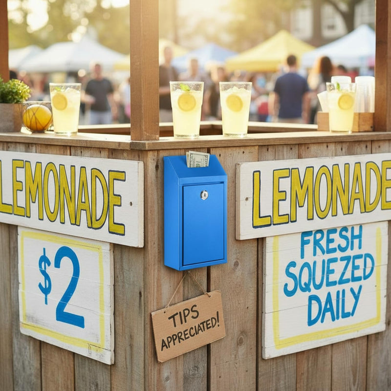 Metal Money Donation Cash Box Collection Safe Suggestion Box with Lock Wall Mounted Mailbox Delivery Ballot Container for Home Office Outdoor Farmstand(Blue,10.24 x 5.71 x 2.95 Inch) 10.24 x 5.71 x 2.95 Inch Blue