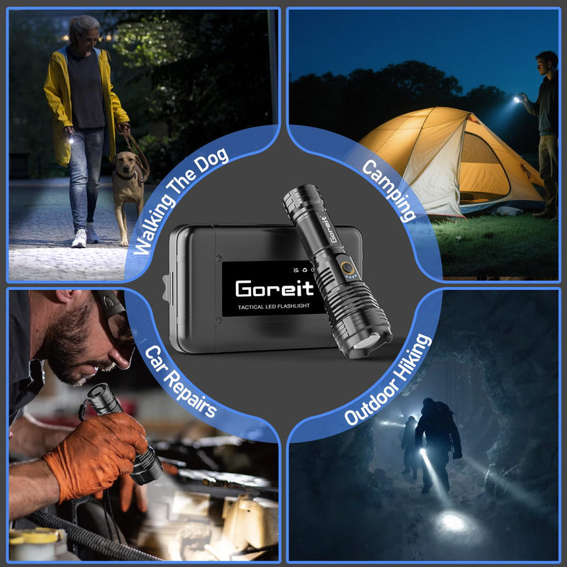 Flashlights LED High Lumens Rechargeable, Goreit 20,000 Lumens XHP70.2 Super Bright Flashlight, Flash Light Battery Powered, Powerful Handheld Flashlight with holster for Emergency Camping Hiking Gift Black