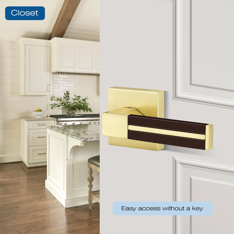EHOMEWARE 1 Pack Gold Door Lever with Bronze Leather Handle, Brass Interior Door Handle Passage Door Lever for Hallway Closet, Heavy Duty Door Knob with Universal Handling Passage Door Handle - No Key