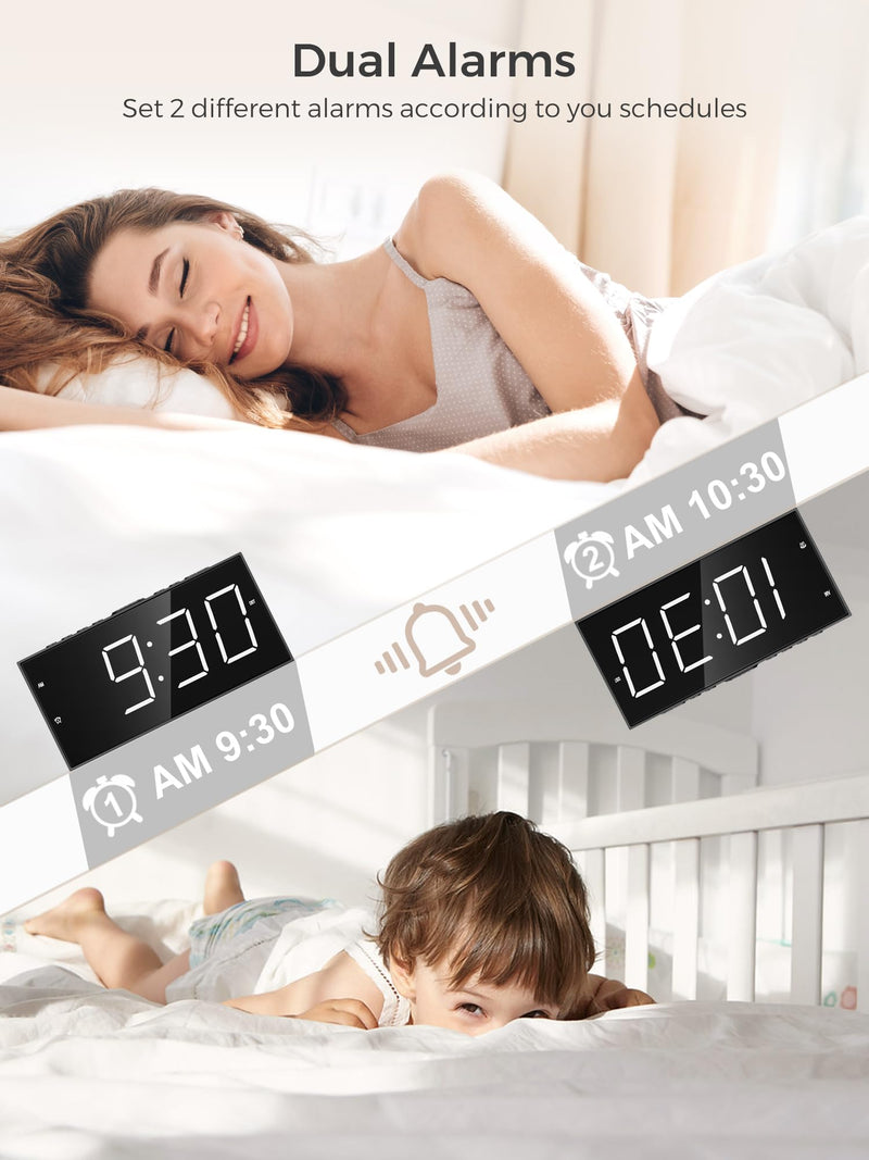 PPLEE Alarm Clock for Bedroom, 2 Alarms Loud LED Big Display Plug in Simple Basic Digital Clock with USB Charging Port, Adjustable Volume, Dimmable, Snooze for Deep Sleepers Kids Elderly Home Office With Basic Digits White