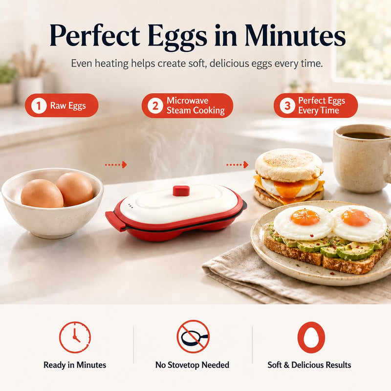 Microwave Egg Cooker & Poacher, 2-Egg Microwave Frying Pan with Vented Lid, PTFE Nonstick Metal Heat Plate, Food-Grade Silicone Handles, Compact Egg Maker for Breakfast Sandwiches, Dorm, RV for 2 eggs