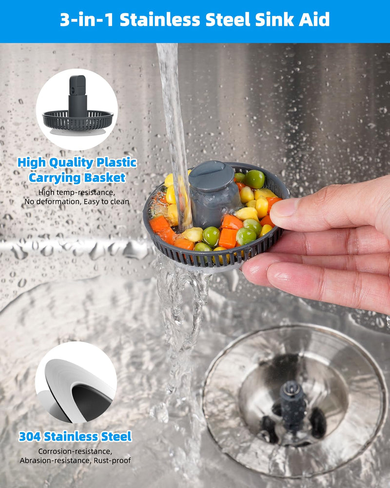 Hibbent Upgraded 3 in 1 Kitchen Sink Drain Strainer and Stopper Combo, Stainless Steel Metal Pop Up Sink Stopper, Anti-Clogging Basket Strainer with Handle for US Standard 3-1/2 Inch Drain Chrome