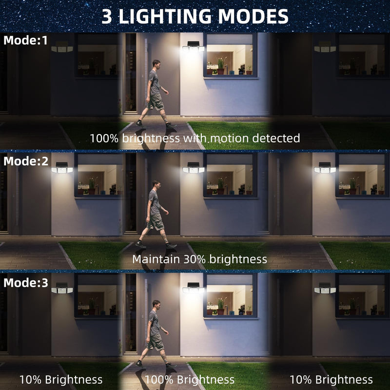 2500LM Solar Lights Outdoor with Motion Sensor,3 Head 270° Wide Angle Street Area Lights, IP65 Waterproof Security Lighting with 3 Modes(Non-Remote,2 Pcs) 3Head-Non-Remote-2 Pcs