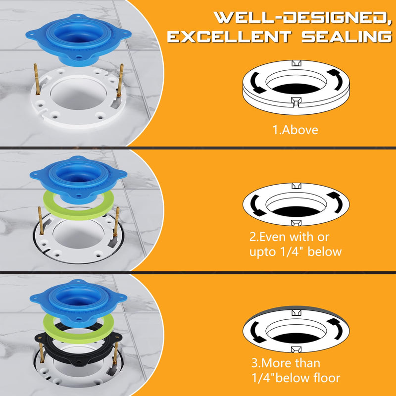 Toilet Flange Repair Kit, Universal Toilet Seal Parts For Wax Seal, Rubber Gasket Ring, Wax-Free Toilet Bowl Replacement kit Include Premium Nuts, Washers, 3.26Inch Bolts, Bolt Caps Blue