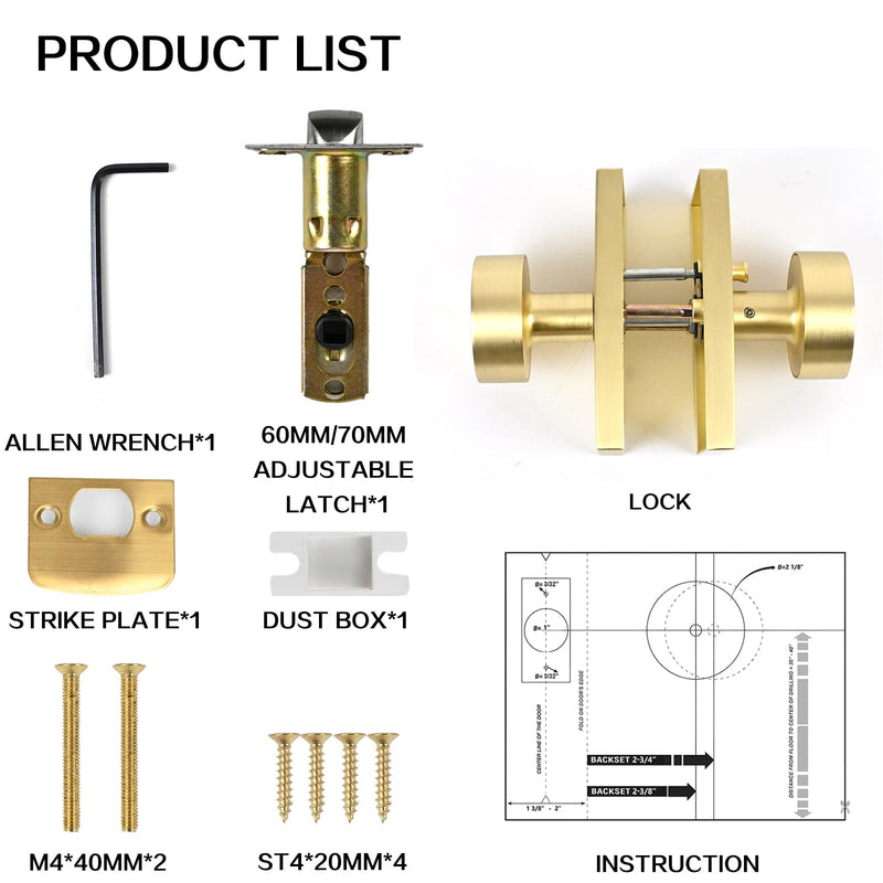 Brushed Satin Brass Golden Privacy Door Knob with Reversible Keyless Push Lock Modern Rectangle Interior Handle for Bedroom Bathroom, Heavy Duty & Easy Installation (Golden Long Plate Lock) Golden Long Plate Lock