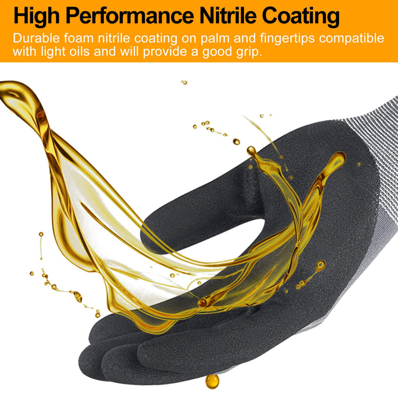 Safety Work Gloves MicroFoam Nitrile Coated-3/6/12/36 Pairs,Breathable Nylon Working Gloves for Men Women 9/Large 3 Pairs/ Grey
