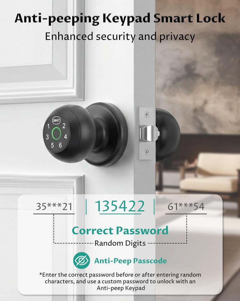 Smart Door Knob Fingerprint Door Lock with Keypad, Biometric Door Knob with APP, Keyless Entry Door Lock with Handle for Home Office Apartment Hotel Garage (Black)