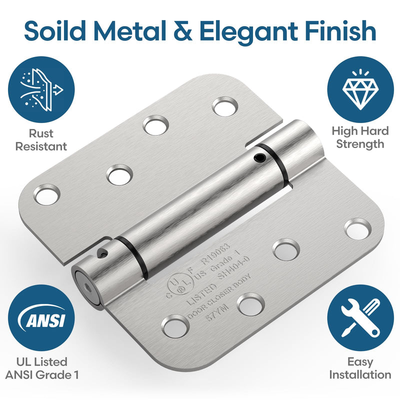 Self Closing Door Hinge, Auto Closing Spring Hinge with Adjustable Tension, 4 x 4 Inch, 5/8'' Radius Corners, for Home Interior, Exterior, Cabinet Doors and Commercial Use, Satin Nickel, 1 Pack 4" (1 Pack)