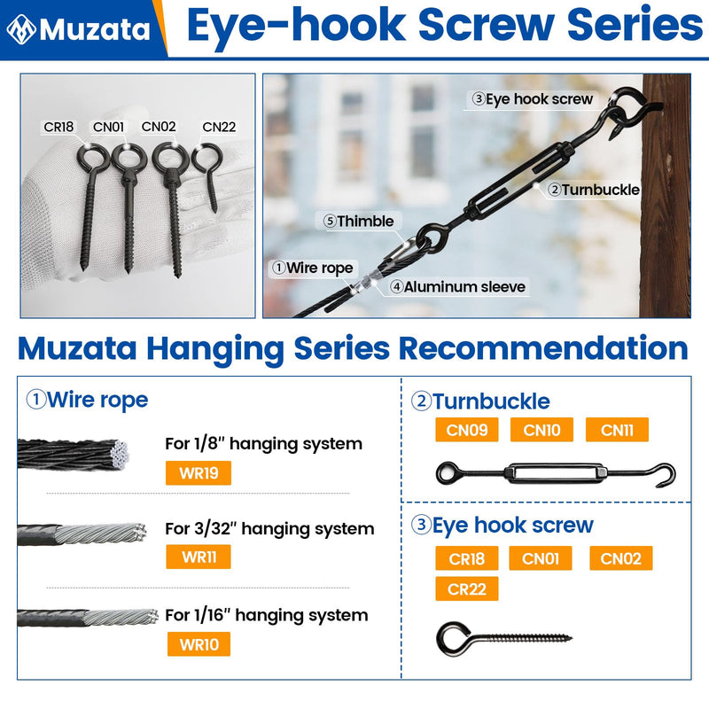 Muzata 20Pack 3.3 Inch M6 Black Eye Hooks Screw Stainless Steel Eye Screws Heavy Duty Screw Eyes for Wood Securing Cables Wire Eyelet Screw Hooks Self Tapping Eyebolt Screw in Indoor Outdoor CR18 20P