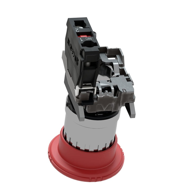 Schneider Electric XB4BS8442 Emergency Switching Off Push Button Switch for Industrial Machinery, Chromium Plated Metal Bezel, Fits 22mm Diameter Cutouts, Trigger Latching Turn to Release, 1NC