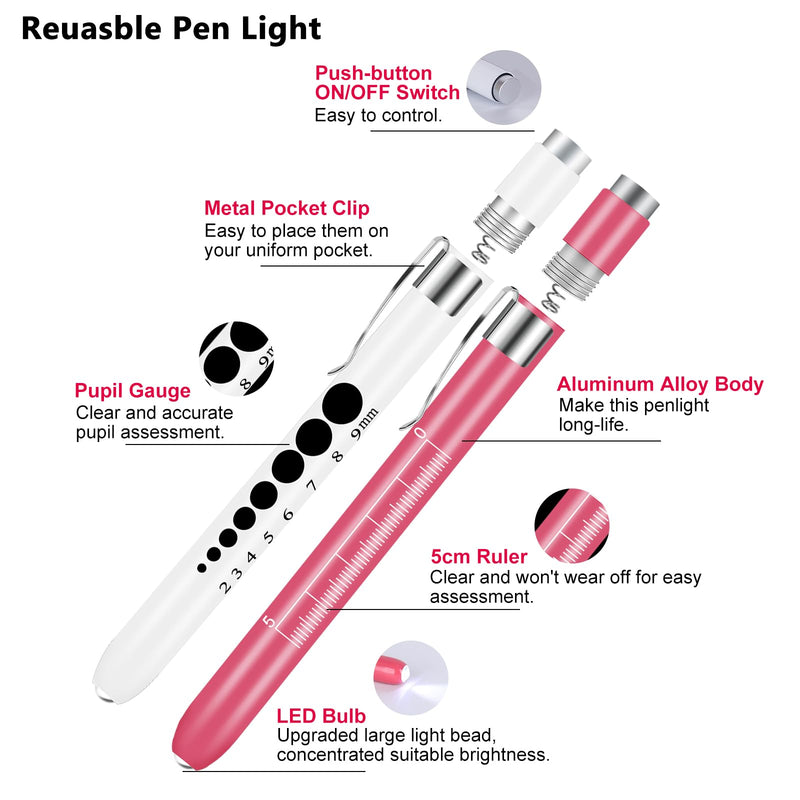 Pen Light with Pupil Gauge Nursing Pen Lights for Nurses 2 Pack Reusable Pupil Penlight Medical for Nursing Students Doctors EMTs White Light LED Penlights for Nurses with 4 Batteries Pink and White
