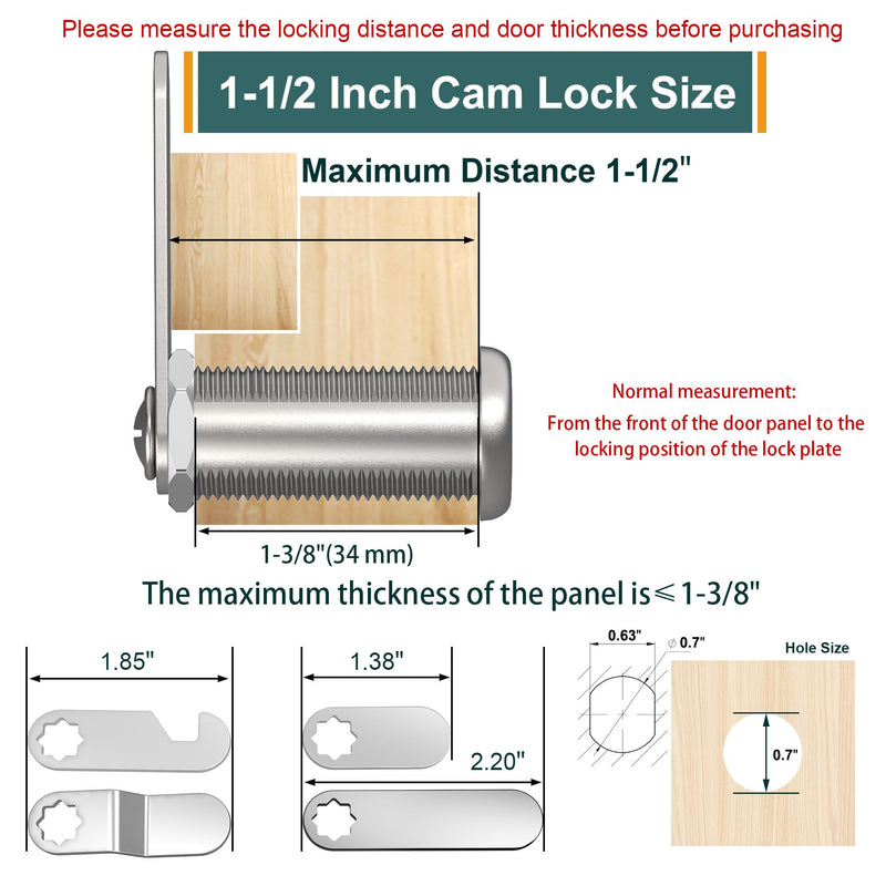 3 Pcs Cabinet Locks with Key, 1-1/2" Cabinet Lock Keyed Alike Cam Lock, Mailbox Lock Replacement Secure File Drawer Tool Box RV Storage Locks, Zinc Alloy 1-1/2 Inch 3 Pcs Silver