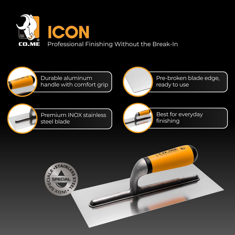 CO.ME. Since 1964 ICON 14" Finishing Trowel I Pre-Broken-In Stainless Steel Blade I Rivetless Construction I Square Corners I Ergonomic Grip I Professional Drywall & Plaster Tool I Made in Italy 14"