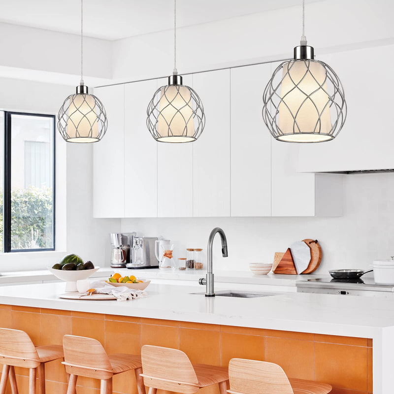 Plug in Pendant Light,Hanging Light with Plug in Cord,Silver Hanging Lamp with Dimmable Switch,15 ft Clear Cord,Hanging Light Fixture for Kitchen Island Living Room Bedroom (Bulb Included) Silver
