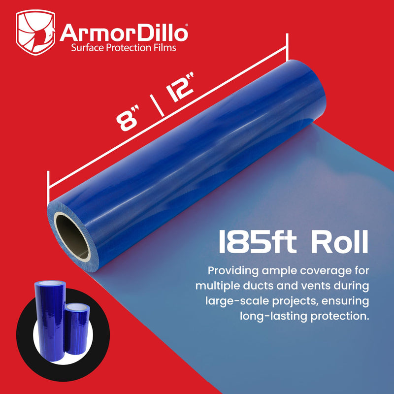 ArmorDillo Vent Film Duct Masking Tape - Temporary Register Sealing Tape for Air Ducts, Vents & HVAC - Blue Self-Adhesive Protection Film, High Tear & Puncture Resistance, UV Protection -8” x 185 8” x 185' Regular Tack Adhesive
