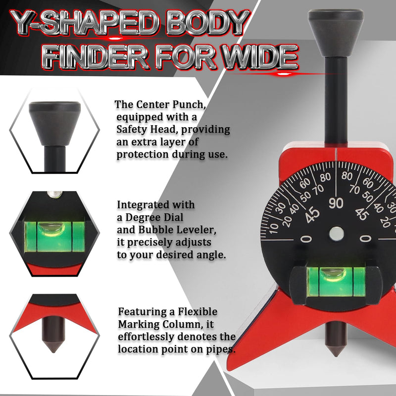 Pipe Center Finder, Pipefitter Tools w/Magnetic Centering Head, 2.75" Y-Type Pipe Fitting Tools w/Adjustable Dial Bubble Protractor to Measure Pipe Diameter from 1-1/2" to 6"