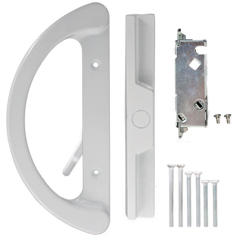 Sliding Door Handle 3-15/16 Inch(10cm) Hole spacing (Right and Left Handed) White Patio Glass Door Handle Set Non-keyed (+ Mortise Lock 45 Degree Keyway)