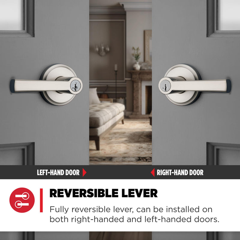 Kwikset Trafford Entry Door Handle with Lock and Key, Secure Keyed Reversible Lever Exterior, for Front Entrance and Bedrooms, Satin Nickel, Pick Resistant Smartkey Rekey Security and Microban Keyed Entry