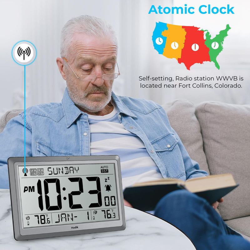 Wall Clock Atomic with Indoor Outdoor Temperature Battery Powered, Easy Reading with 10.5 Inch Large LCD Display, 330FT Range Table Wall Clock With DST, 12/24 Hour for Living Room Kitchen (Silver) Silver