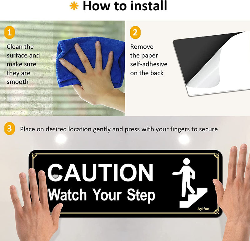 4 Pack Caution Watch Your Step Sign for floor, Acrylic with Symbols Self-adhesive for Home and Business Restaurants Offices 9"x3" Black Gold Easy to Mount Outdoor or Indoor Use Black Caution Watch Your Step black+white+gold