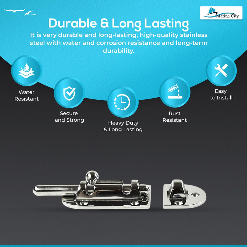 MARINE CITY Barrel Bolt Door Latches, 316 Stainless Steel, Rust & Corrosion-Resistant, Ideal for Windows, Hatches, Cabinets (Large) Large