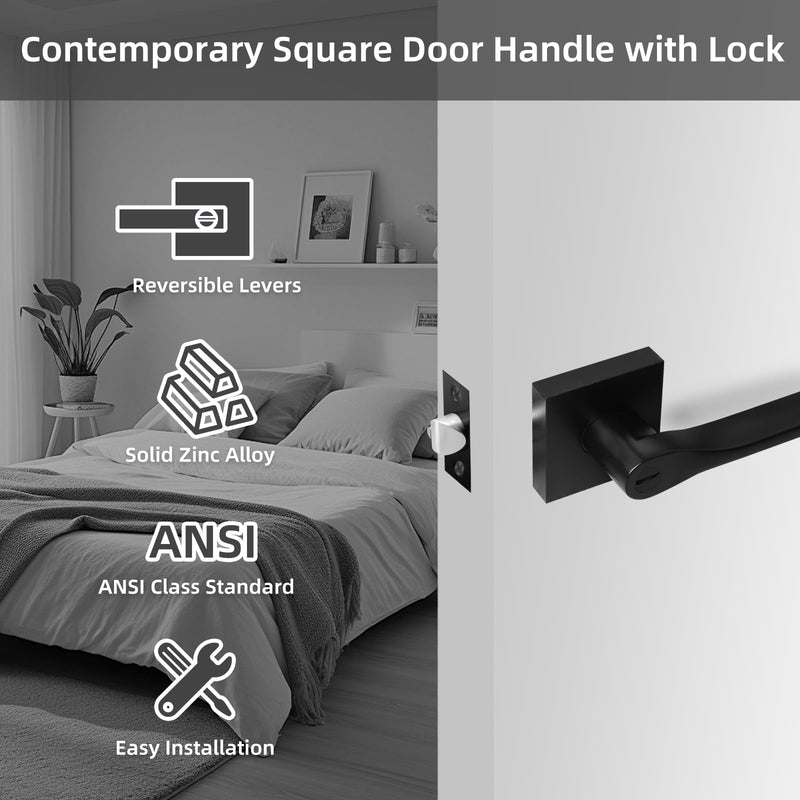 2 Pack Matte Black Door Knob, Interior Privacy Keyless Entry Door Lock, Square Style Reverisble Door Handles, Heavy Duty Door Levers for Bedroom Bathroom Doors 2 Pack Matte Black Tapered Keyless