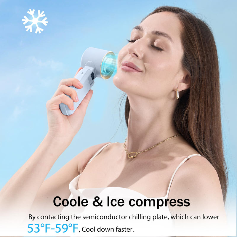 Portable Handheld Fan with Ice Cooler – 13000RPM Turbo Fans, 3-in-1 Rechargeable Mini Personal Fan, 100 Adjustable Speeds, 3600mAh Battery, for Travel, Outdoor, Office, and Personal Use Light blue