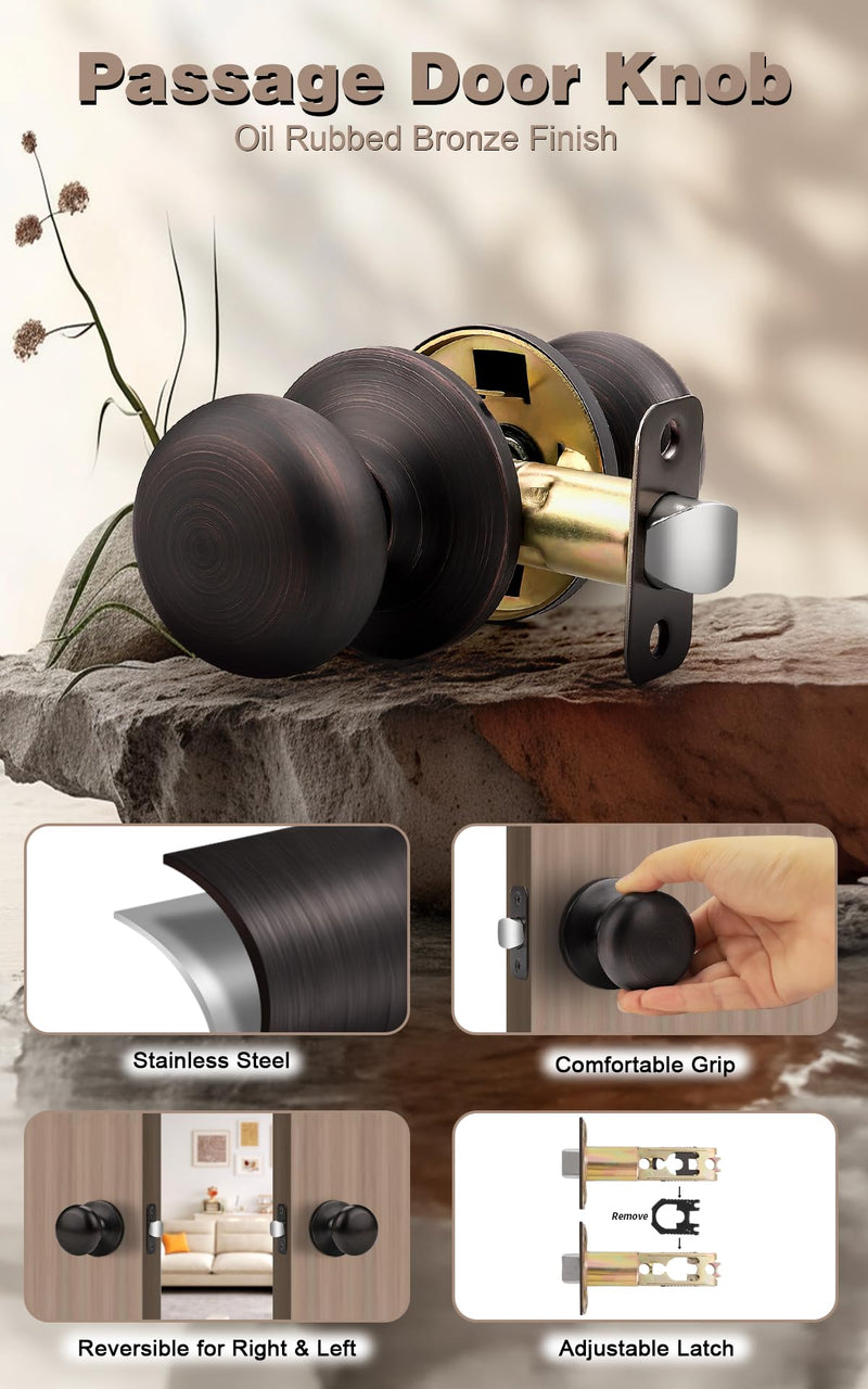 Probrico Closet Door Knob Oil Rubbed Bronze Finish, 2 Pack Standard Size Interior Door Handles with Passage Function, Flat Ball Knob for Closet and Hallway
