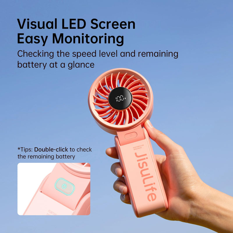 JISULIFE Handheld Fan Life7 – Ultimate Flexibility: High-Power Motor, LED Display, 19.5 Hrs Cooling, 5000mAh Rechargeable, 5-Speed, Foldable Design, 3-IN-1 Portable Fan for Travel Cruise Beach(Pink) Pink