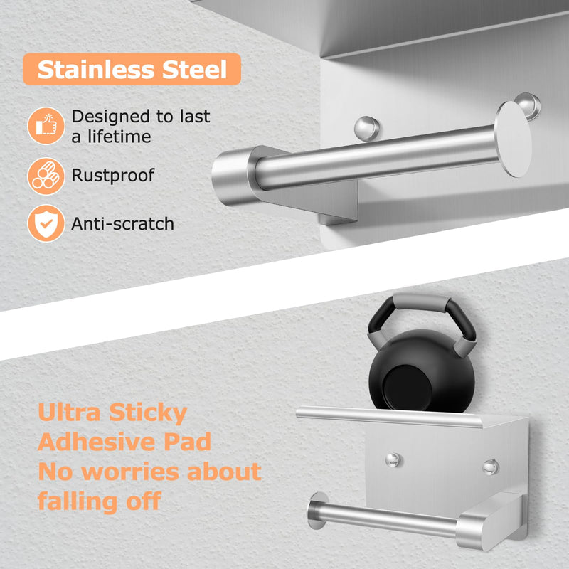 4 Piece Silver Bathroom Hardware Set, Stainless Steel Wall Mounted Towel Hooks, Ring & Oversized Toilet Paper Holder with Shelf, Modern Home Accessories for Bathroom, Washroom, Kitchens and RVs