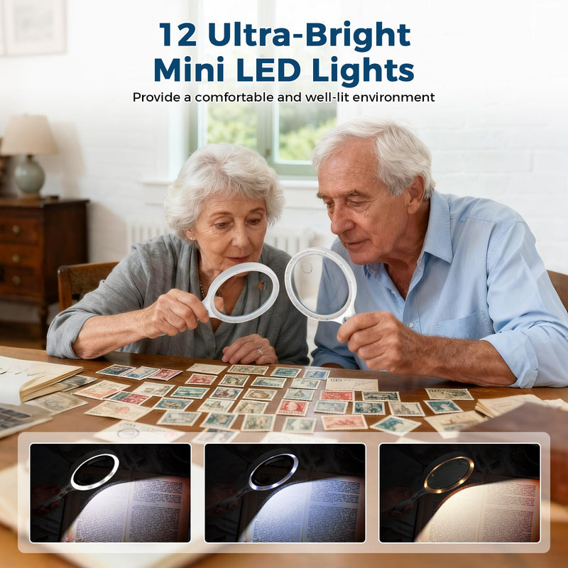 Large Magnifying Glass with Lights,10X 25X 45X 60X Handheld Illuminated Lighted Magnifier, 5in Page Reading Magnifier with 12 LED Lights for Seniors Reading, Coins, Jewelry, Close Work - Blue