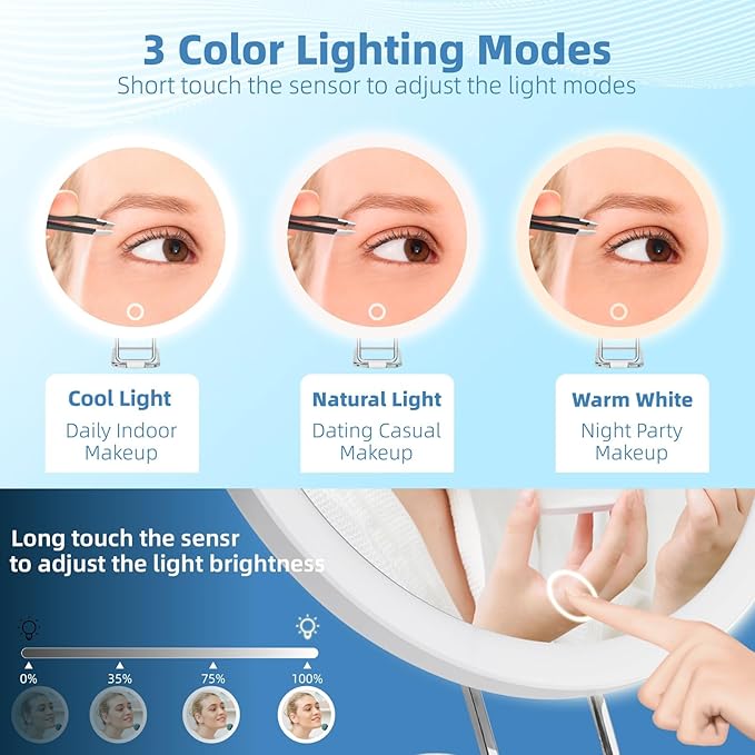 30X Magnifying Mirror with Lights, 30x Magnified Mirror with 3 Color Lights Adjustable Brightness, Rechargeable 6inch Travel Magnification with 3 Suction Cups - Includes Tweezers & Scissors White-30x 6"L x 6"W