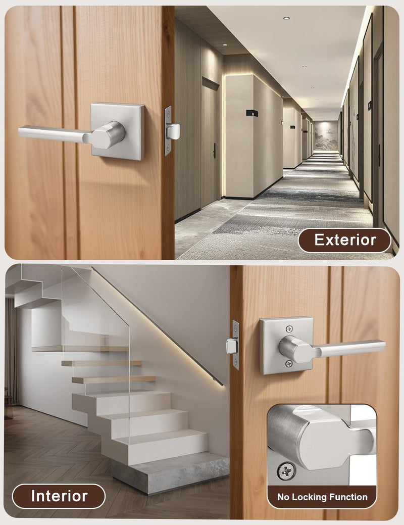 2 Pack Square Brushed Nickel Door Handles Interior, Non-Locking Interior Passage Door Lock Hallway/Closet Door Lever, Heavy Duty Modern Door Handle 2 Passage Door Lever