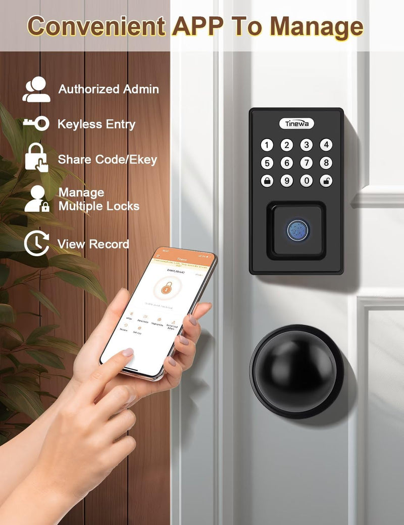 Keyless Entry Door Lock with Door Knobs, Fingerprint Entry Door Handleset, Electronic Digital Keypad Deadbolt with App, Auto Lock & One Touch Locking, Front Smart Door Handle Sets, Black Jet black