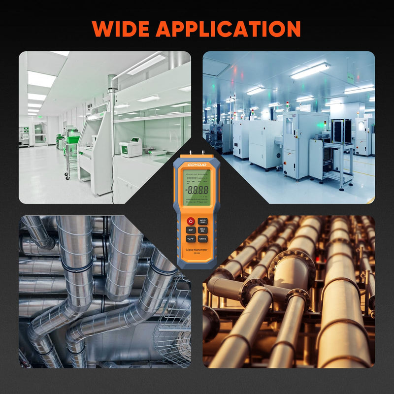 Handheld Manometer with Backlit, Dual-Port HVAC Digital Manometer Gas Pressure Tester, LCD Screen & Indoor Temperature Measurement, 12 Units, for Natural Gas Pipelines Ventilation Detection