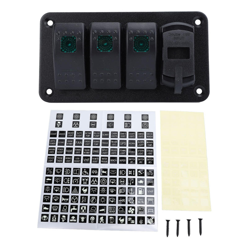 Keenso 12V 24V 3 Gang Rocker Switch Aluminum Panel with Voltmeter Dual USB Fast Charging Multifuntional Switch Panel for Boat Car Truck (Green Light) Green Light