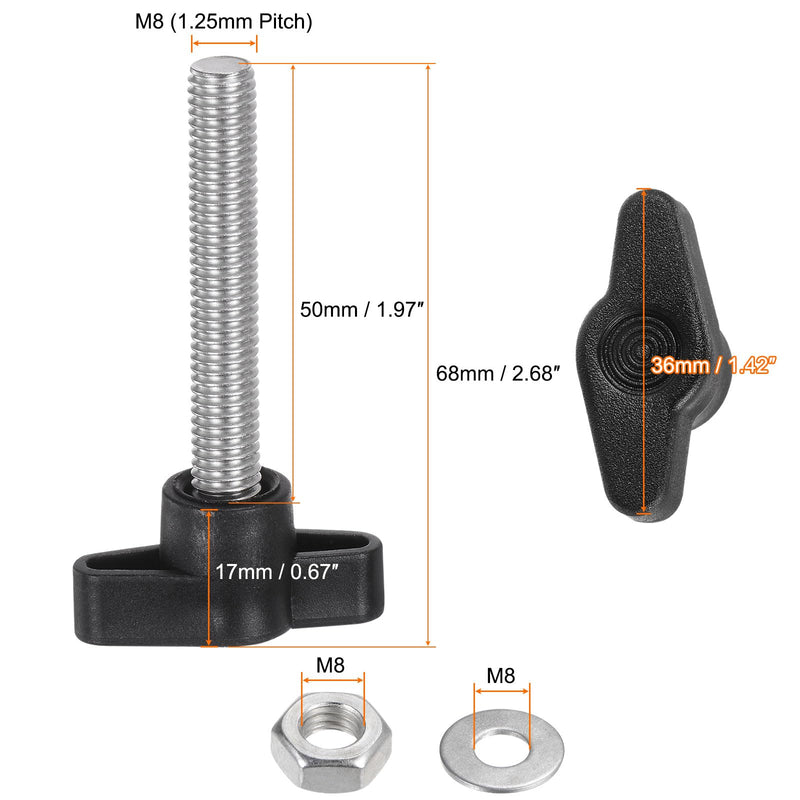 HARFINGTON 8pcs Tee Wing Knobs M8 x 50mm Metric 304 Stainless Steel Threaded Stud 36mm Z/T Head Plastic Handles Thumb Screws Hand Clamping Knob Grip Thumbscrew with Nuts Washers, Black